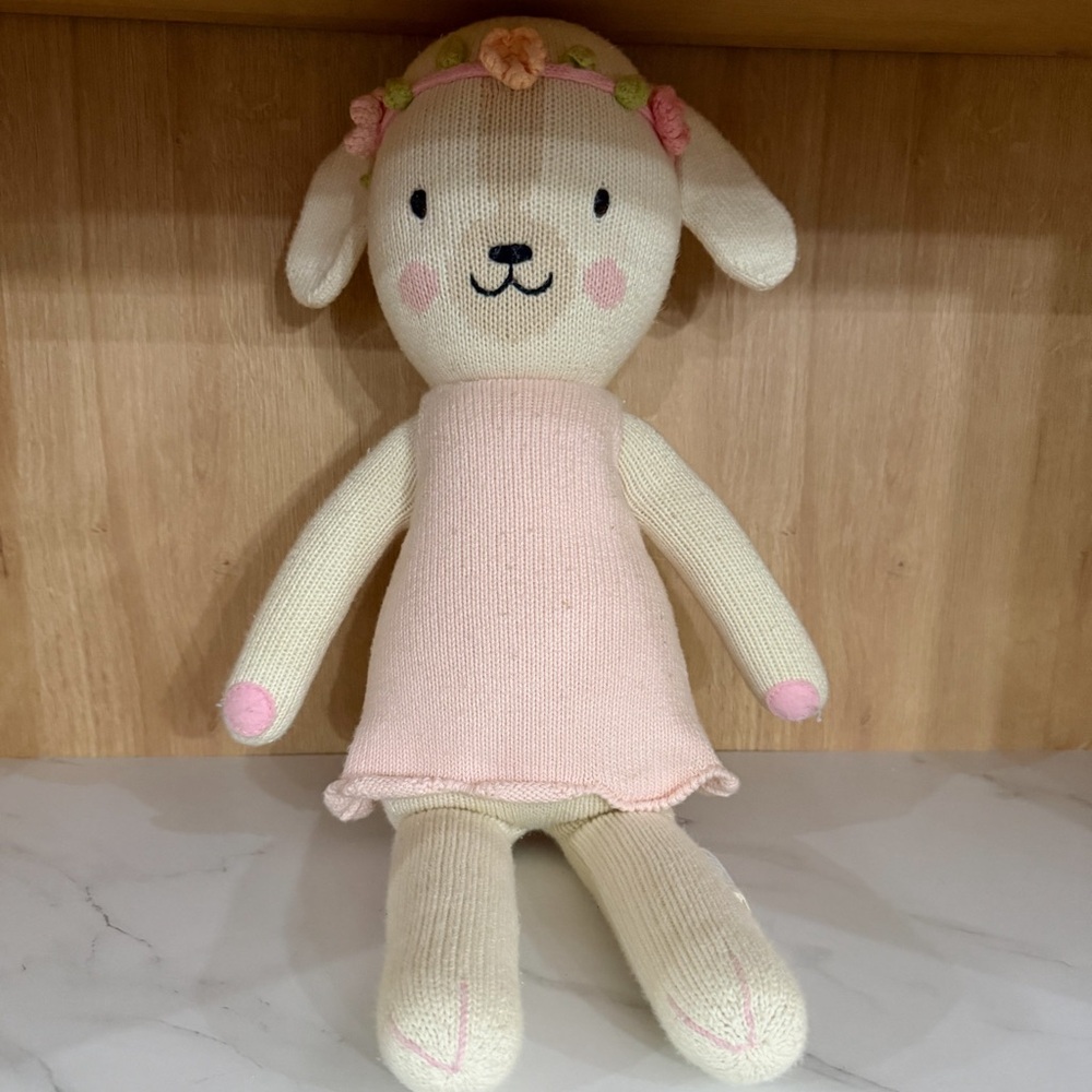 Cuddle + Kind Charlotte the Dog Knit Doll Pink Dress Floral Crown 20”